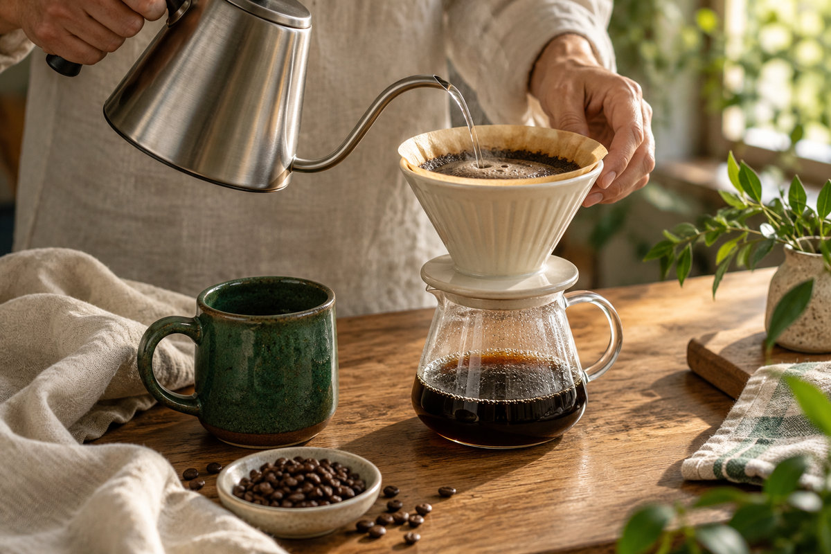 Pouring water through a ceramic coffee dripper